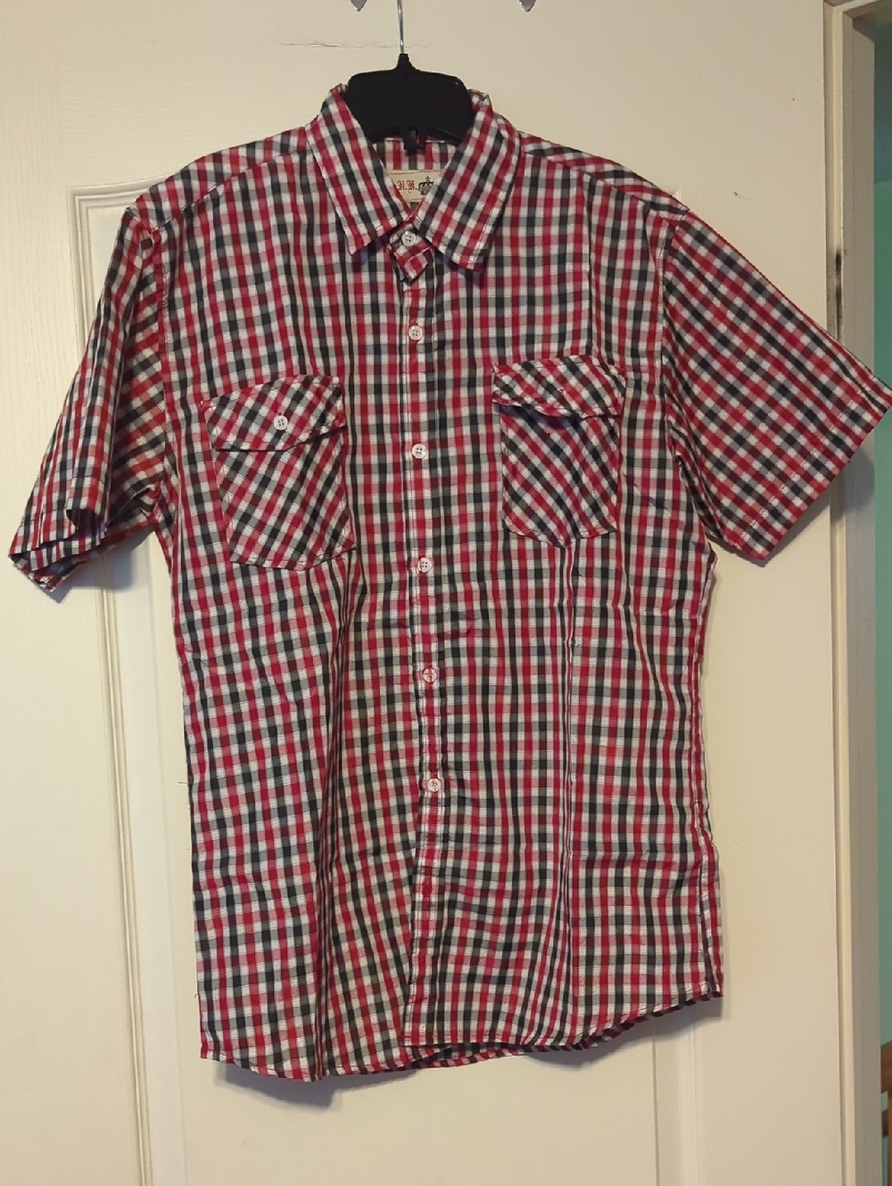 Short-Sleeve Red, Blue & White Check Casual Button-Down Shirt